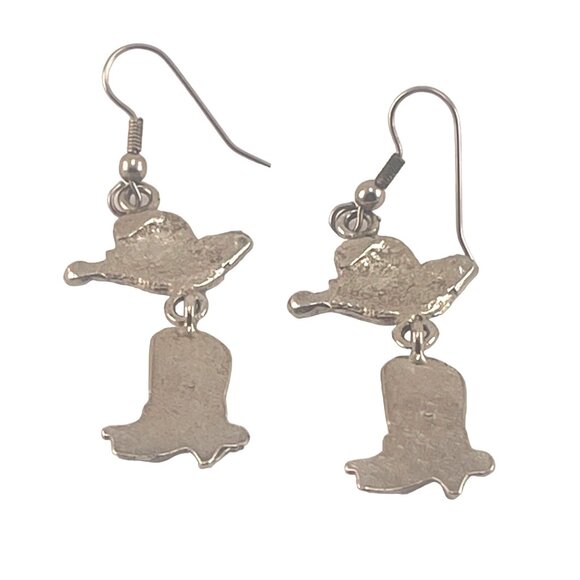Cowboy Hat and Boot Dangle Earrings Western Themed Silver-Tone Jewelry Metal Hoo - Picture 5 of 5